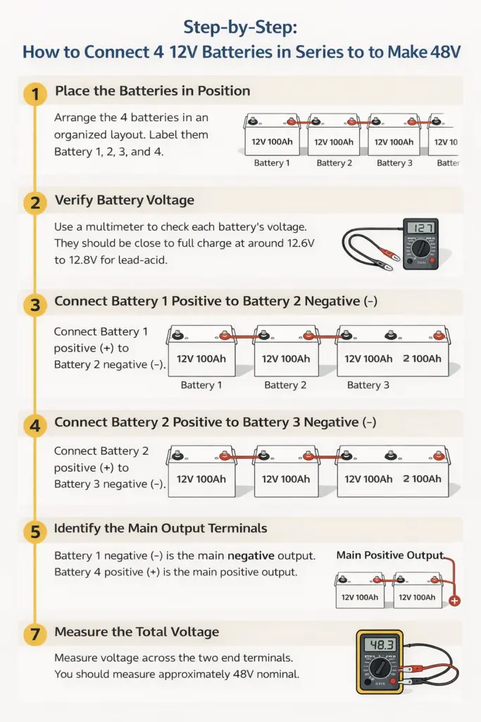 how to connect 4 12v batteries in series to make 48v
