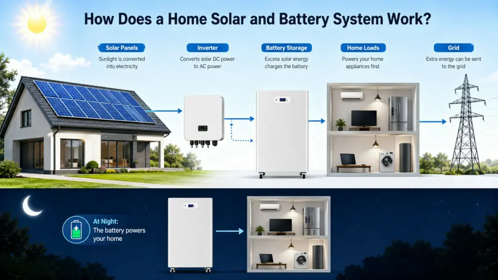 how does a home solar and battery system work