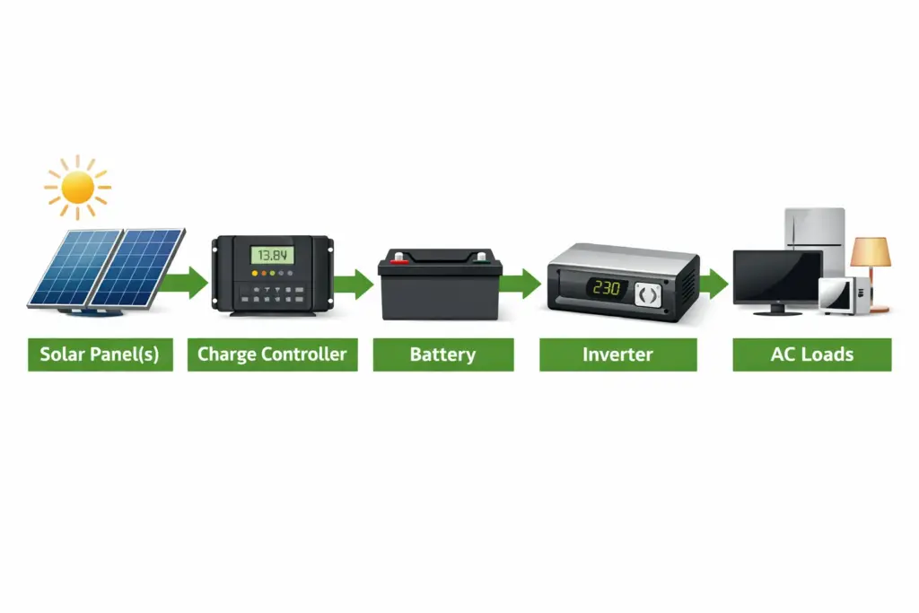 the basic solar panel to battery wiring path