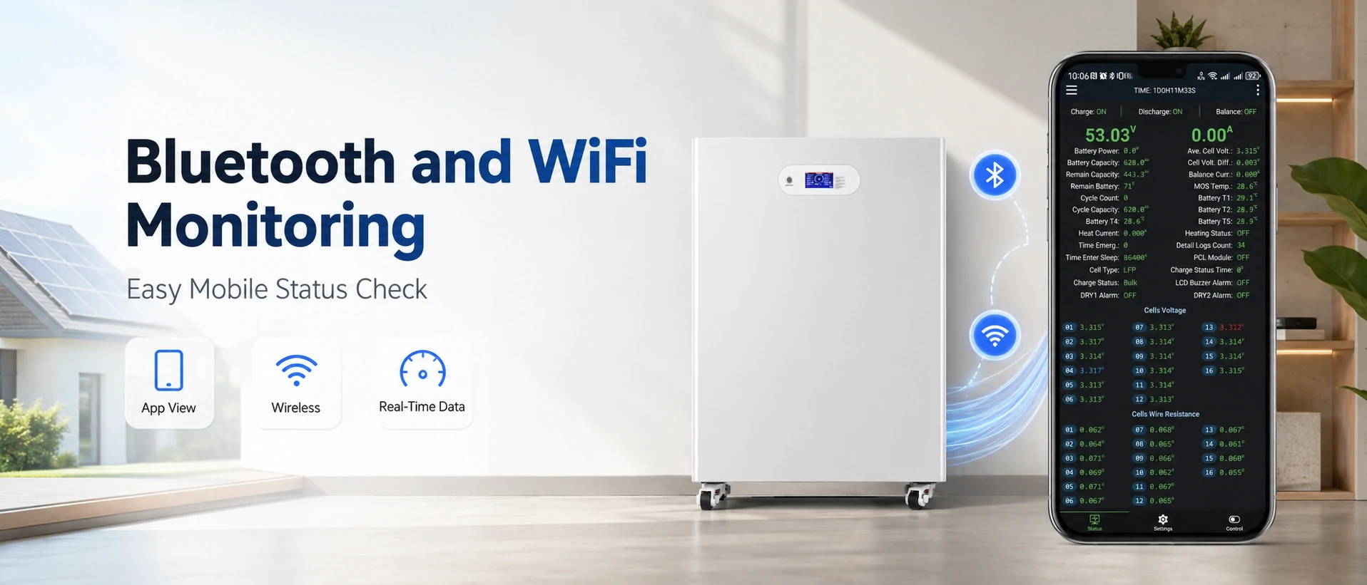 30kWh solar battery with Bluetooth and WiFi monitoring for mobile battery status checking