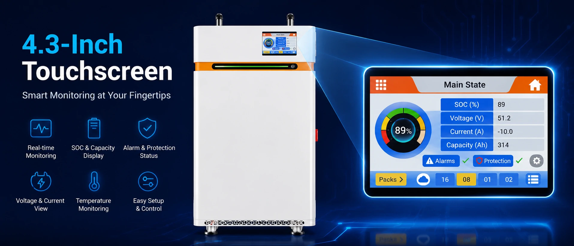 16kWh LiFePO4 Batterie avec écran tactile de 4.3 pouces et voyants indicateurs de niveau