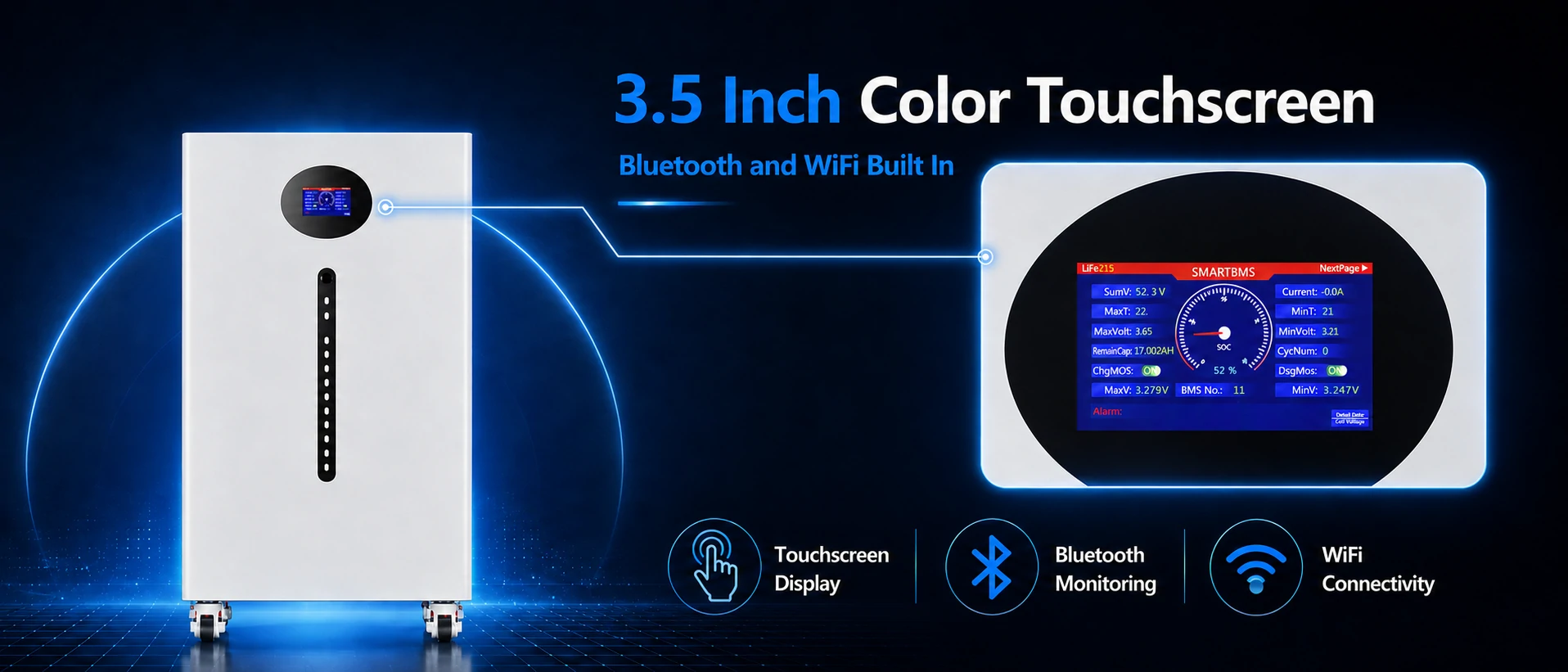 48v 15kwh battery with 3.5 inch color touchscreen and WiFi monitoring