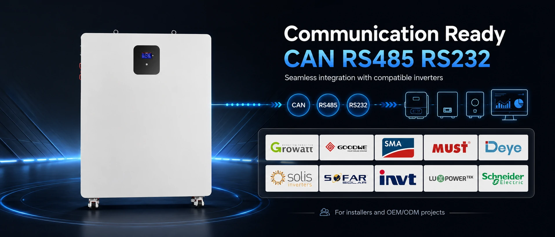 50kWh LiFePO4 battery with CAN RS485 RS232 communication for hybrid inverter compatibility
