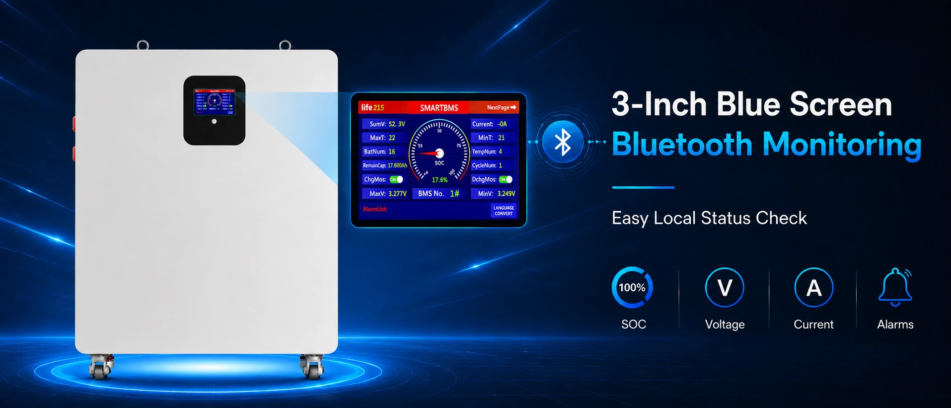 50kWh LiFePO4 solar battery with 3 inch touch screen display for local status checking