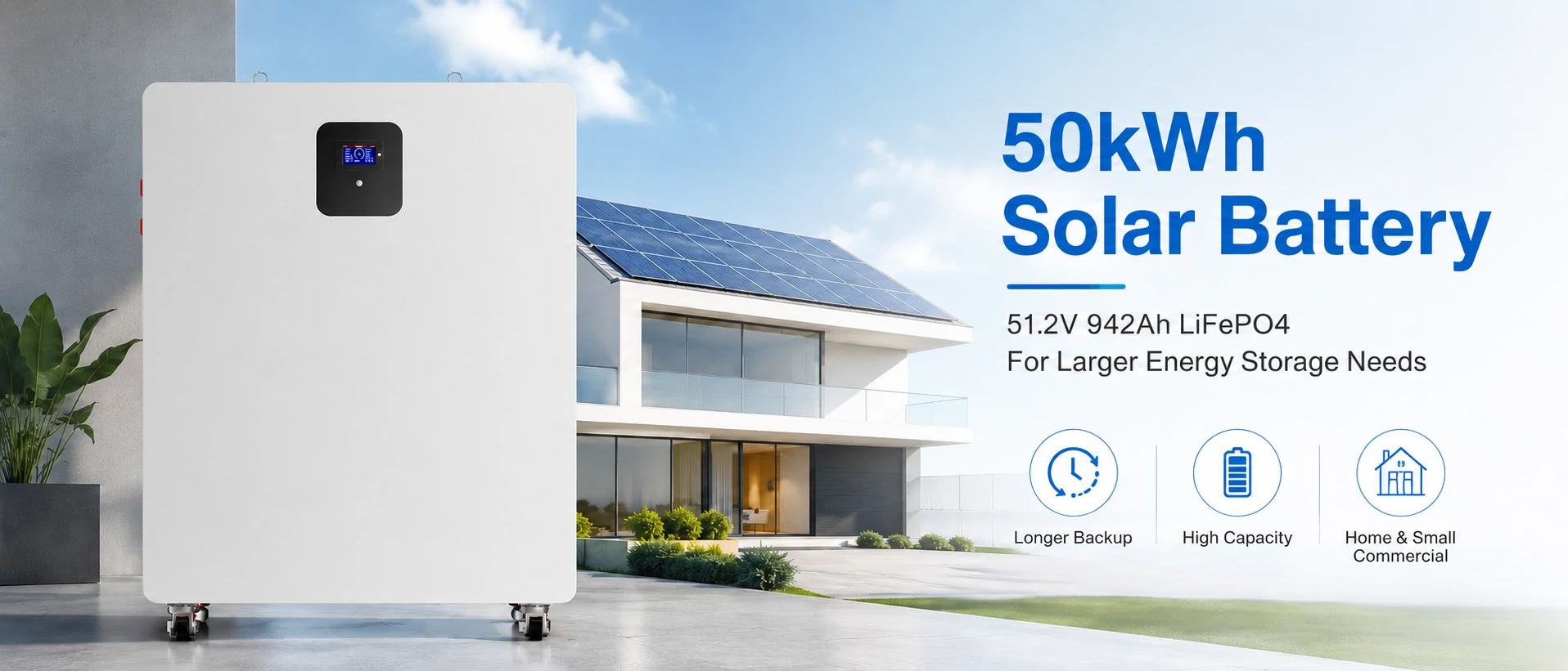 50kWh class solar battery for home backup power and off grid energy storage