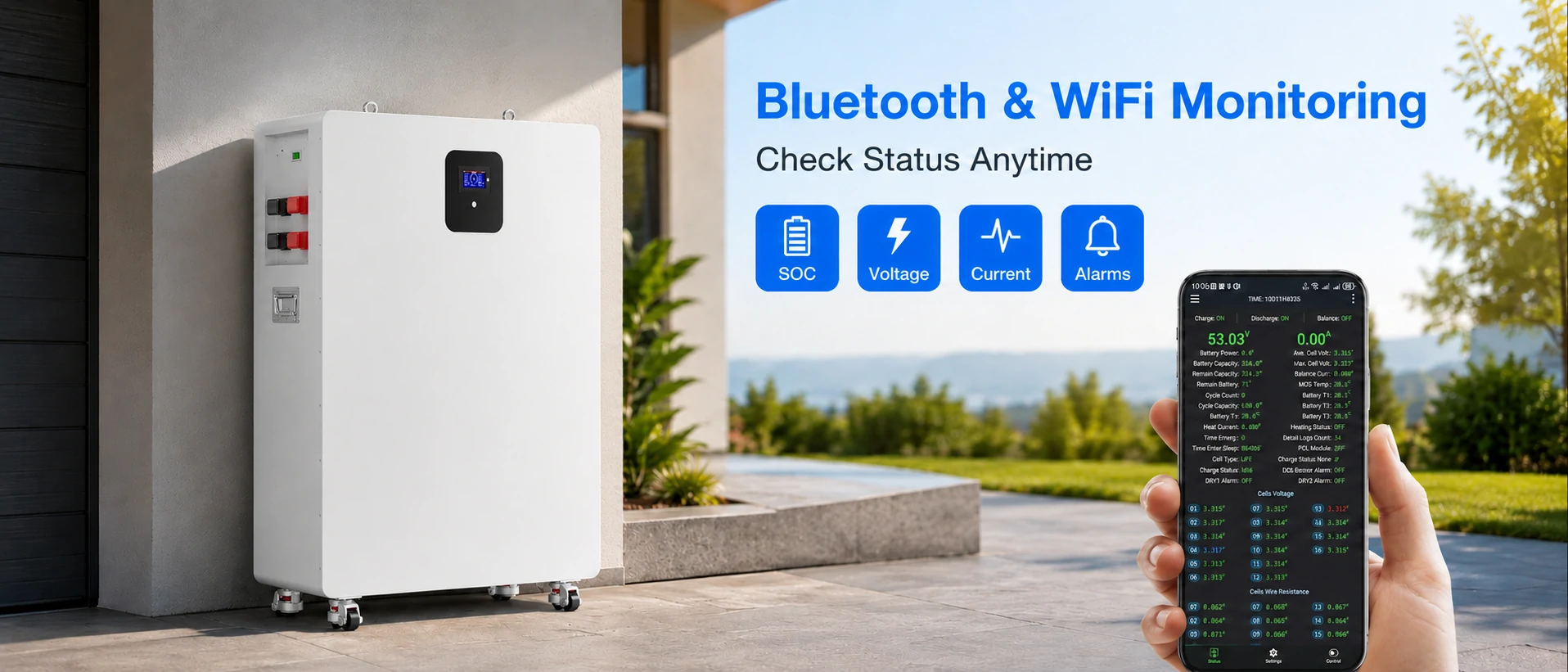 50kWh solar battery with Bluetooth and WiFi monitoring for smart battery management