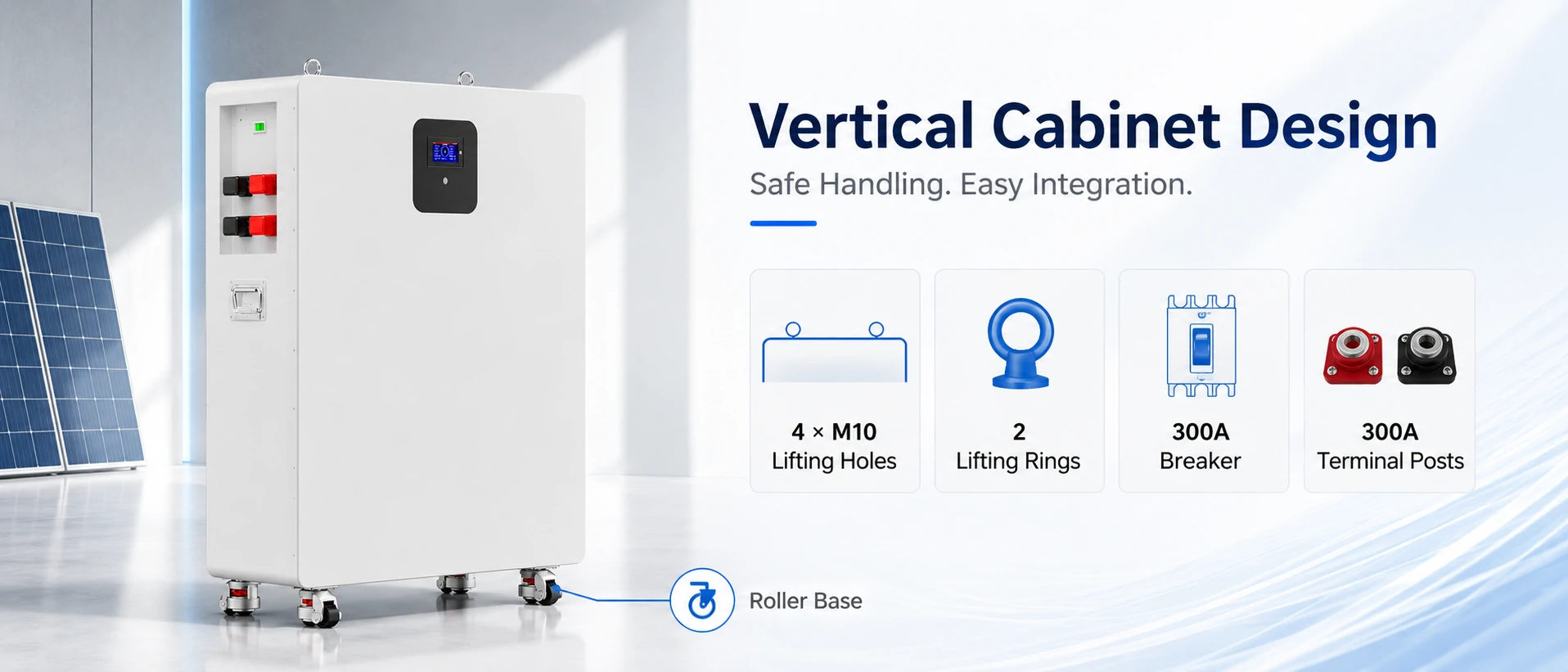 50kWh vertical LiFePO4 battery cabinet with 300A breaker terminal posts lifting holes and rollers