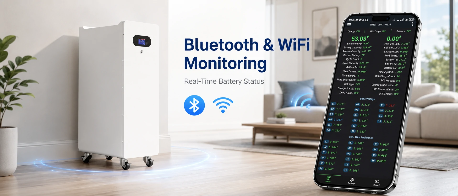 Bluetooth y WiFi Monitorización para la gestión de baterías solares de 16 kWh