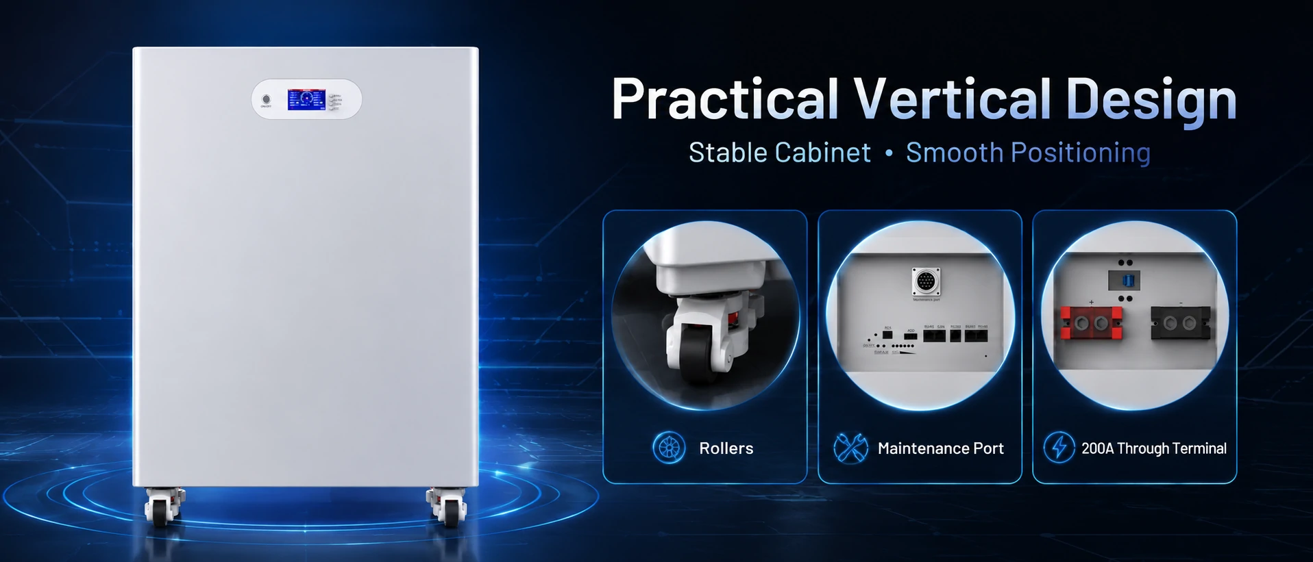Vertical 30kWh LiFePO4 battery cabinet with rollers air switch terminal and maintenance port
