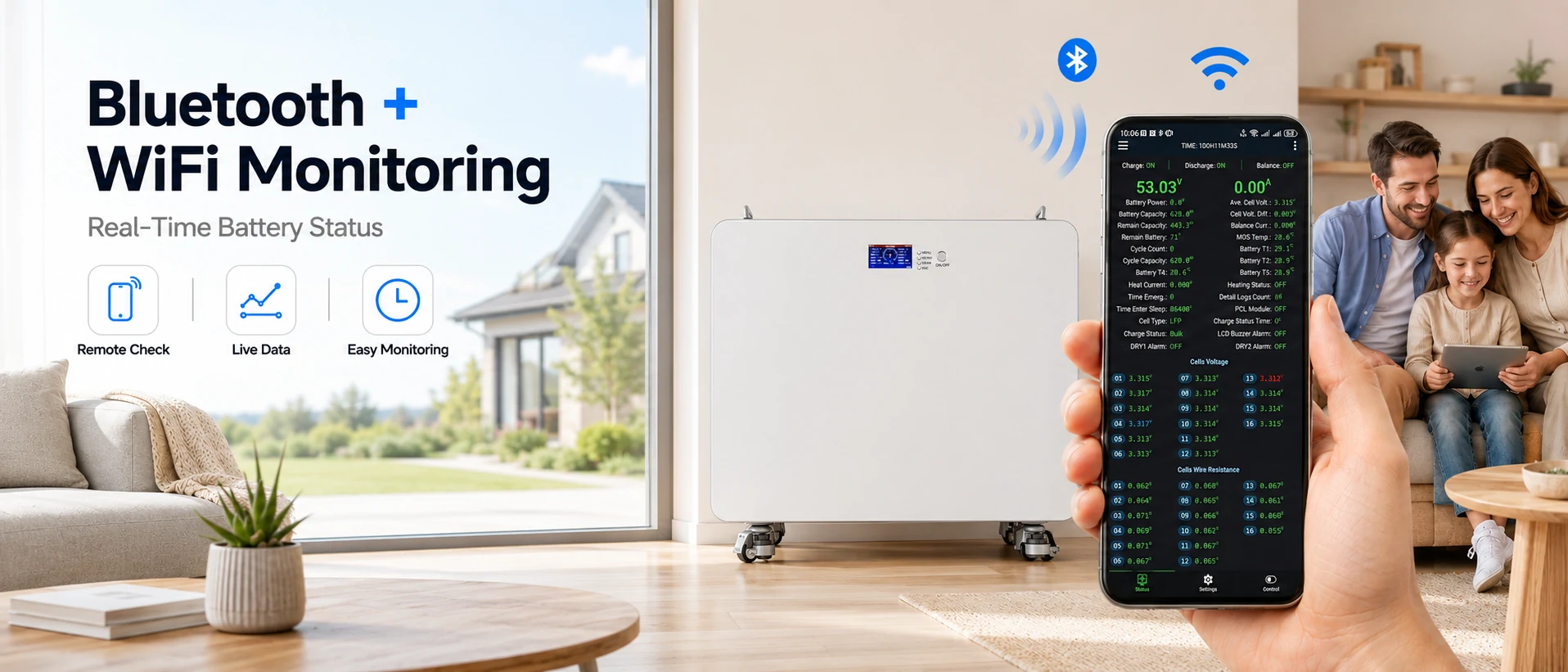 WiFi and Bluetooth monitoring for 16kwh 48V LiFePO4 home battery