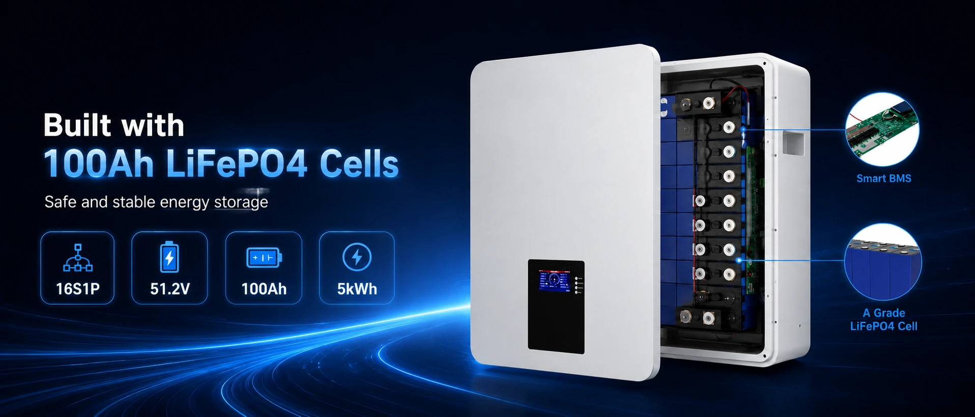 100Ah LiFePO4 клетки внутри 48V 100Ah настенный аккумуляторный блок
