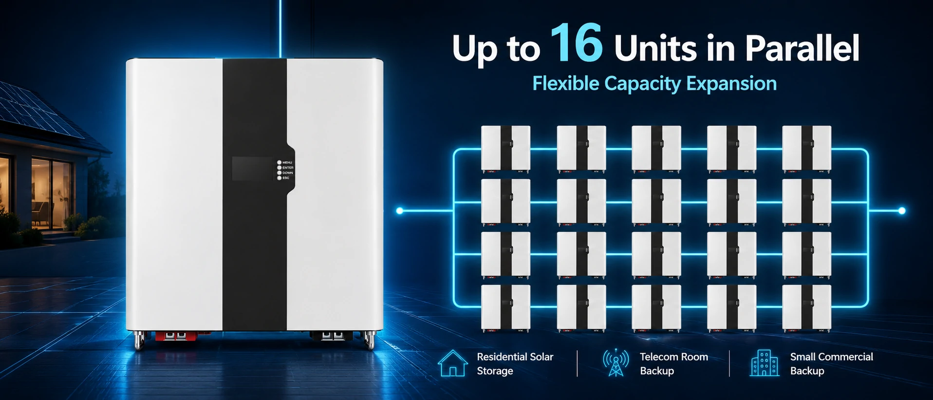 16 wandmontierte Einheiten LiFePO4 Batterie-Parallelsystem bis zu 81.92kWh