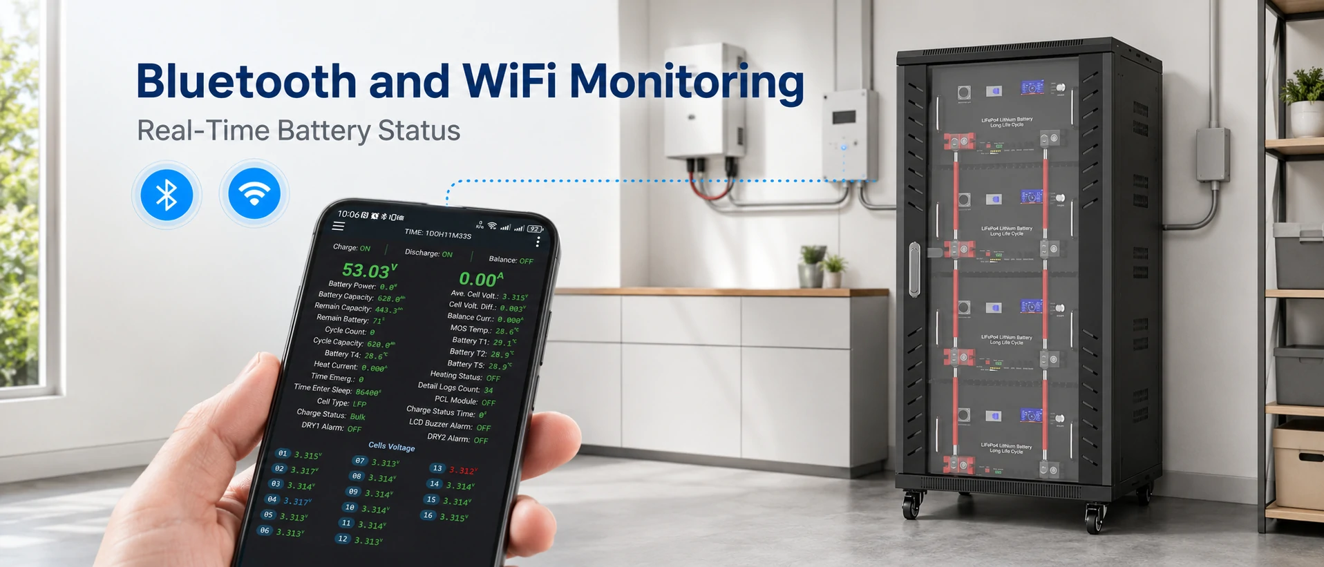 20kWh LiFePO4 Armoire rack batterie avec Bluetooth et WiFi Stack monitoring