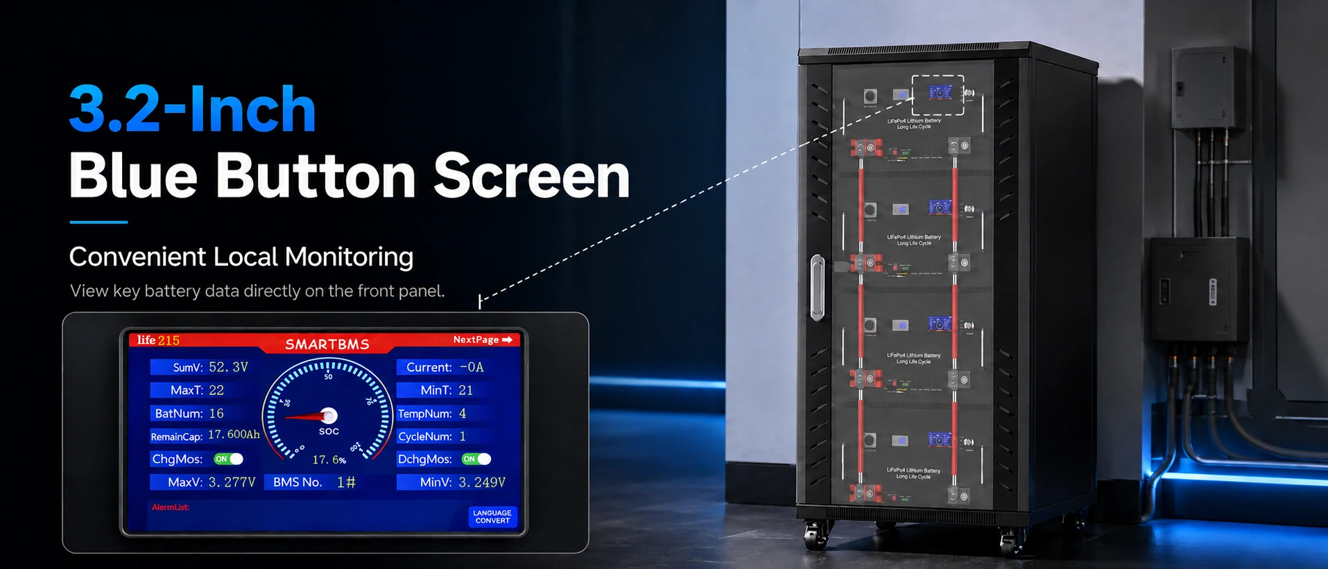 Écran à boutons bleus de 3.2 pouces sur module de batterie de 20 kWh