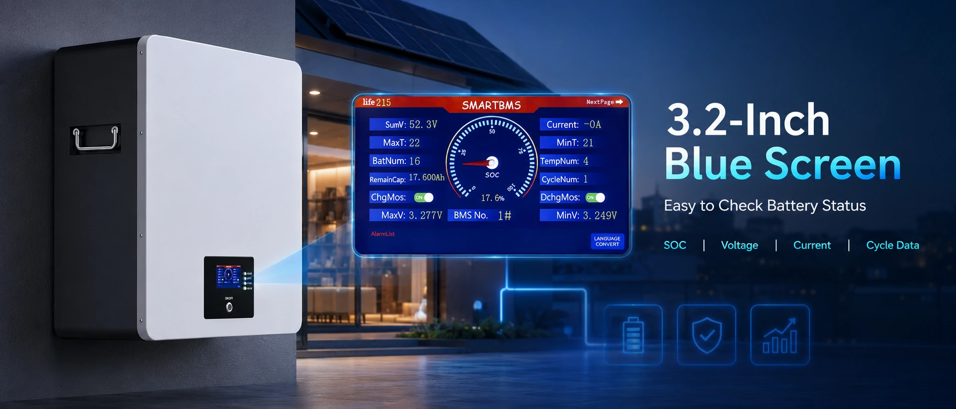 48v 200ah powerwall battery 3.2-inch button blue screen