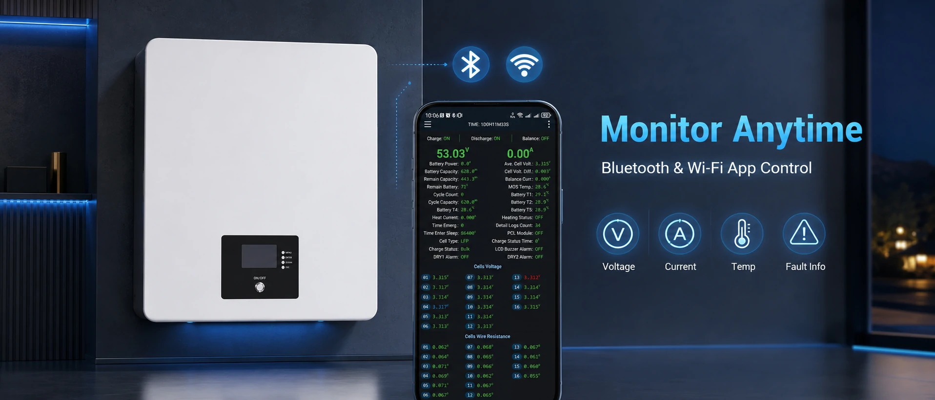 48v 200ah powerwall battery bluetooth & wi-fi monitoring