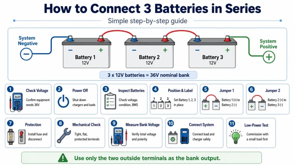how do you connect 3 batteries in series step by step