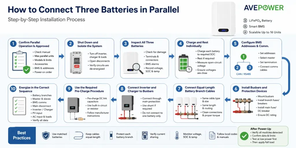 how do you connect three batteries in parallel step by step