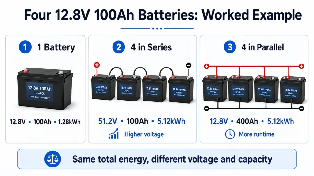 worked example how do four 12.8v 100ah batteries change in each configuration