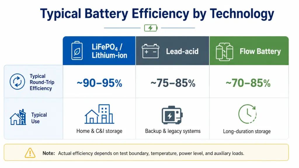 how efficient are lifepo4, lead-acid and flow batteries
