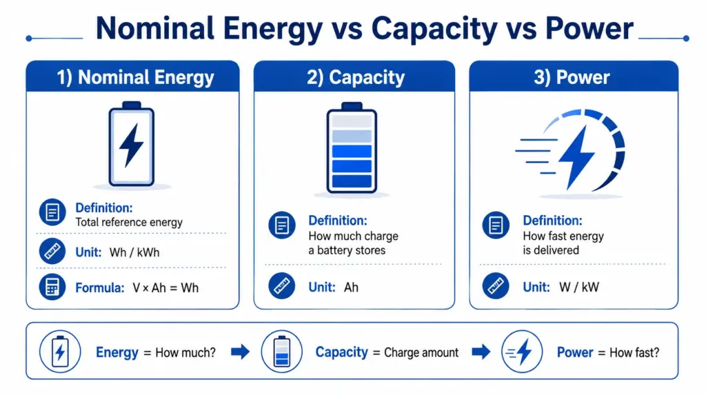 what is the difference between nominal energy, capacity and power