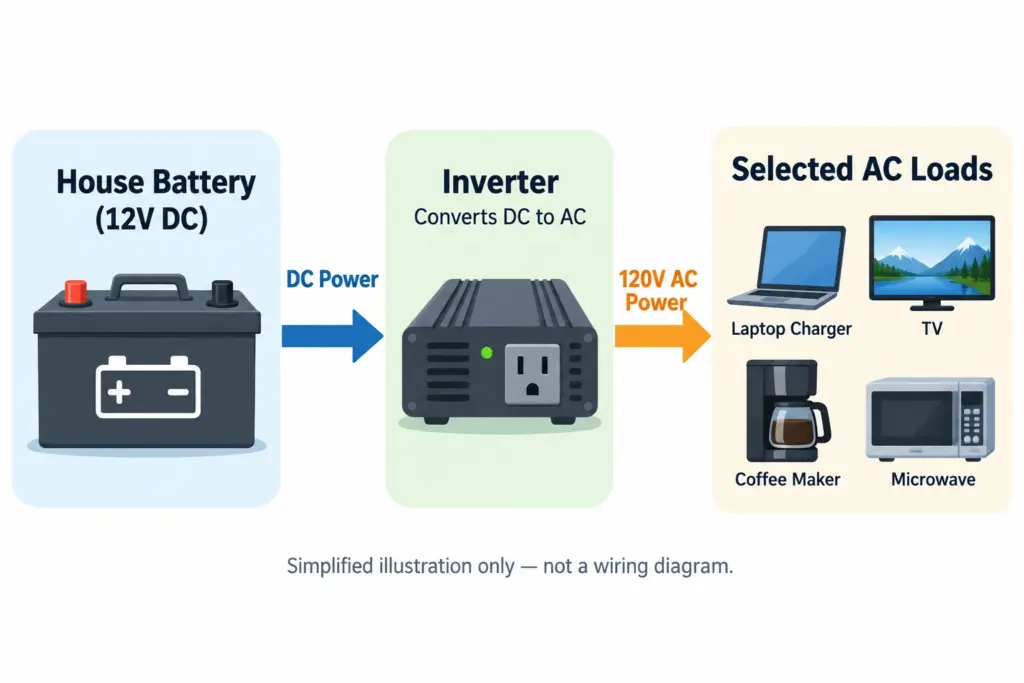 What does an inverter do in an RV – battery DC power converted to AC for appliances